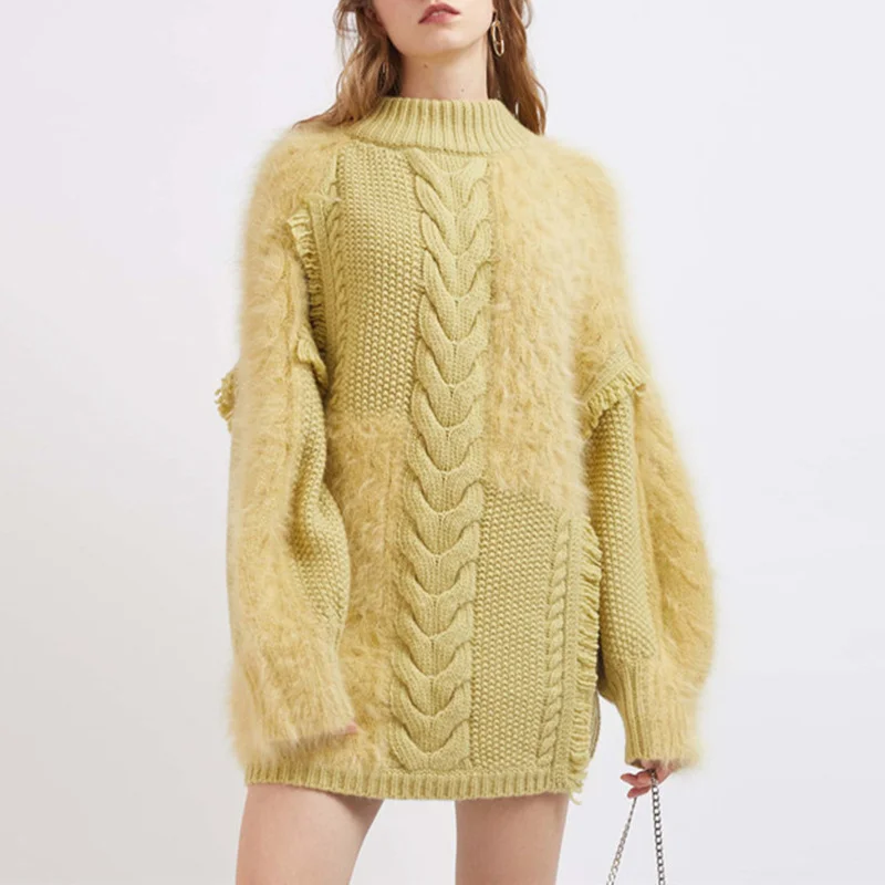 

Women Long Oversized Sweater 2019 Autumn Winter Thick Warm Round Neck Yellow Fringe Twist Mohair Long Sweaters Loose Jumpers