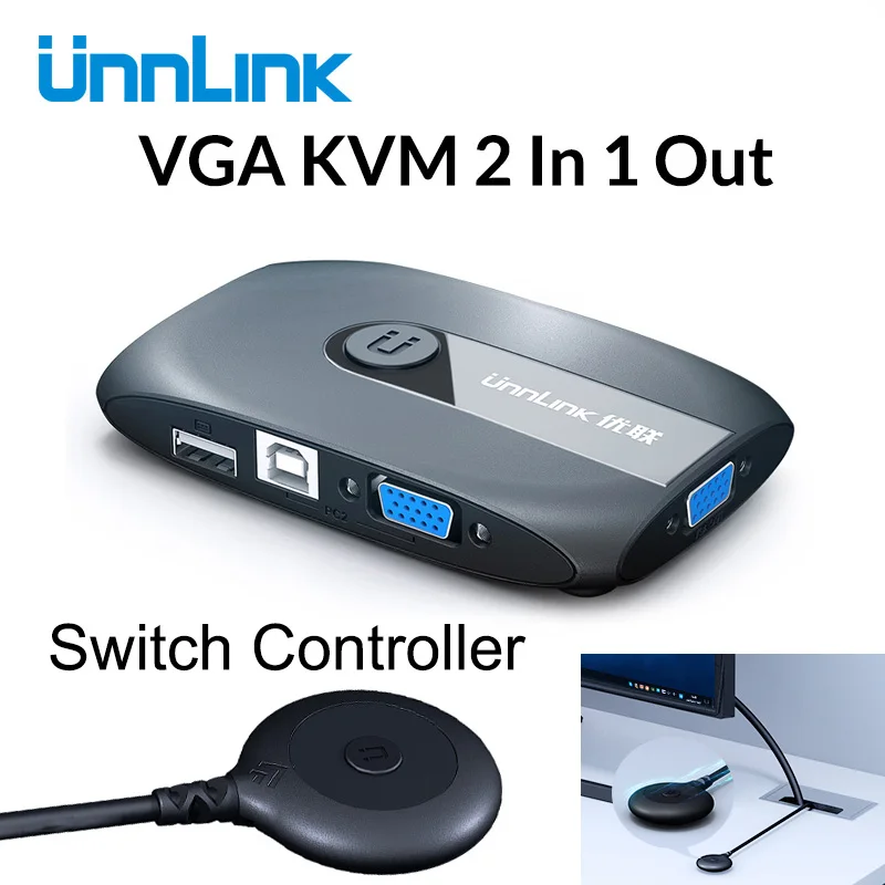 Unnlink 2X1 VGA KVM Switch Box Selector with Extender 2 Ports USB 2.0 Sharing monitor mouse keyboar