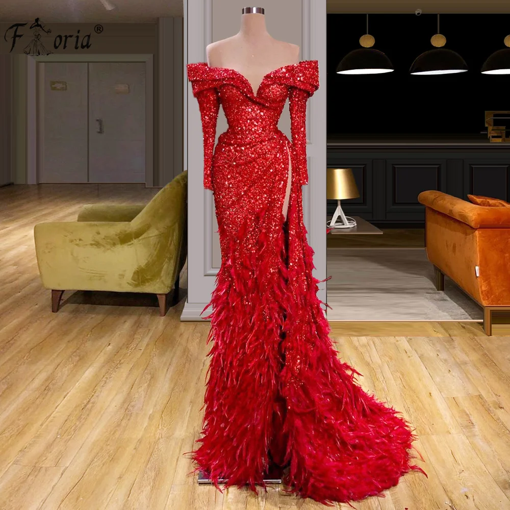 Off The Shoulder Long Sleeve Feathers Evening Dresses With High Slit