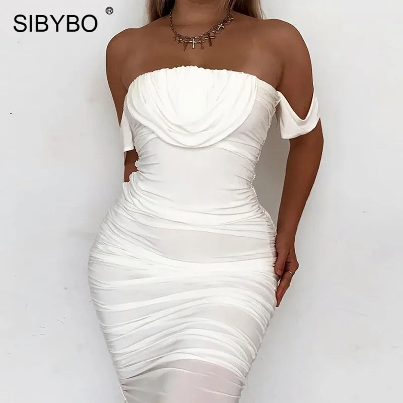 Женское плиссированное платье Sibybo повседневное пляжное без бретелек с открытыми плечами и открытой спиной