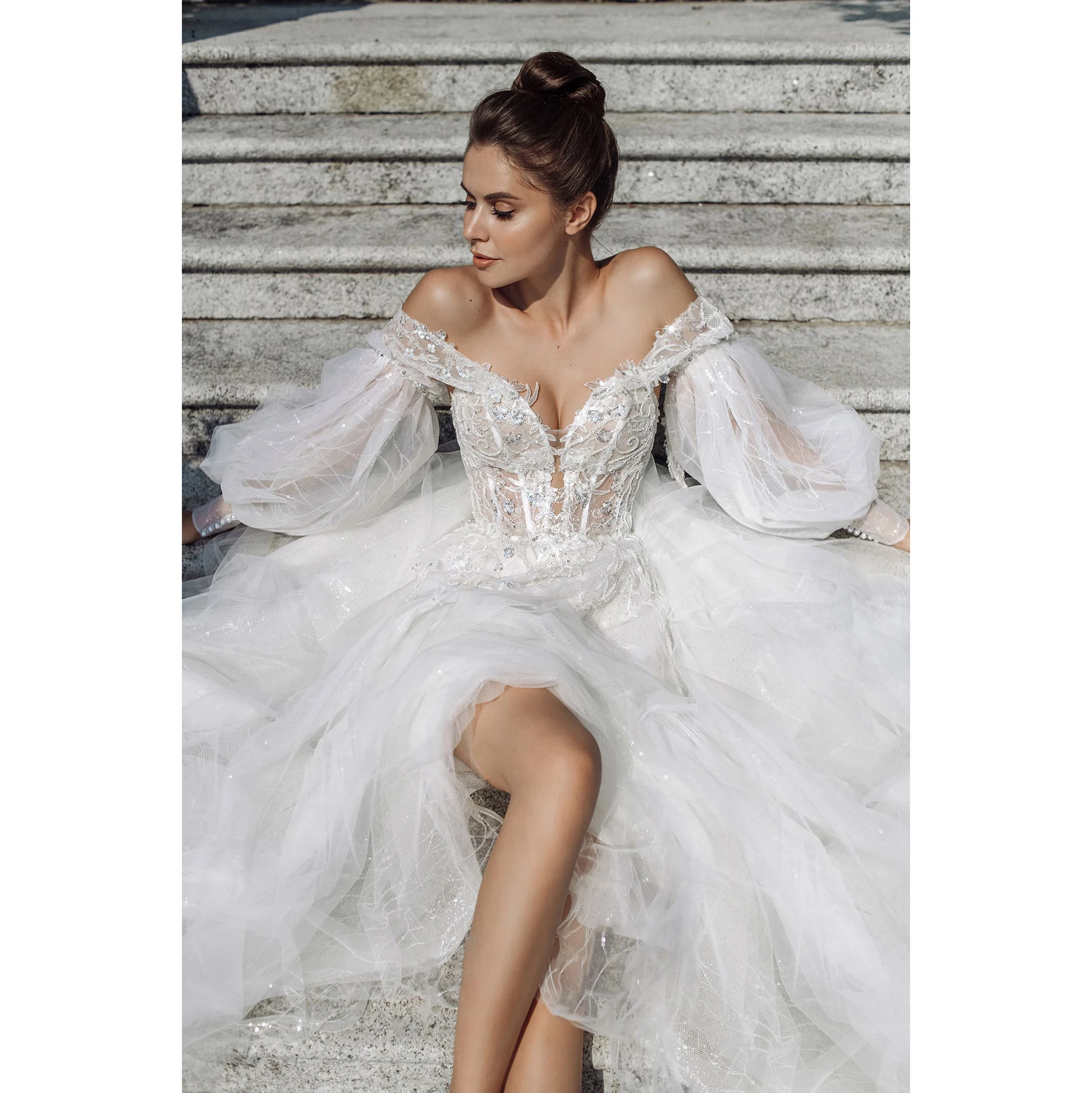 

Женское свадебное платье с жемчужинами Thinyfull, ТРАПЕЦИЕВИДНОЕ кружевное платье из тюля с открытыми плечами и V-образным вырезом, 2020