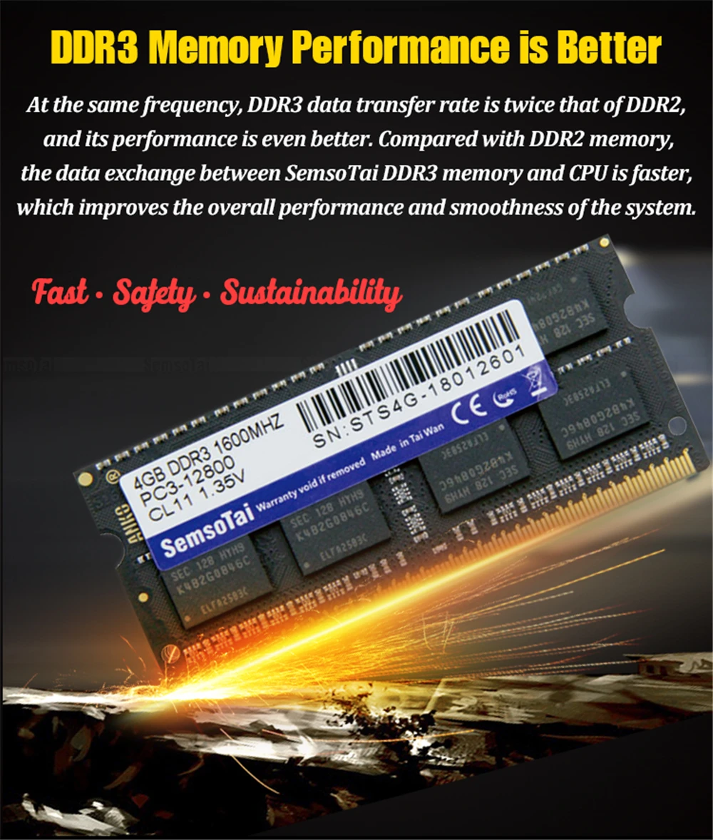 SemsoTai ram ddr3 8gb 1600MHz Память 204Pin PC3-12800 CL = 11 1,35 v 0~ 85 градусов пожизненная гарантия память оперативная память ddr 3 8g для ноутбука