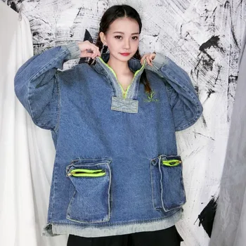 

LANMREM 2020 Original Half Zipper Sweatshirt Spring New Women's Loose Korean Long Sleeve Pocket Shirt Denim Jacket PC172