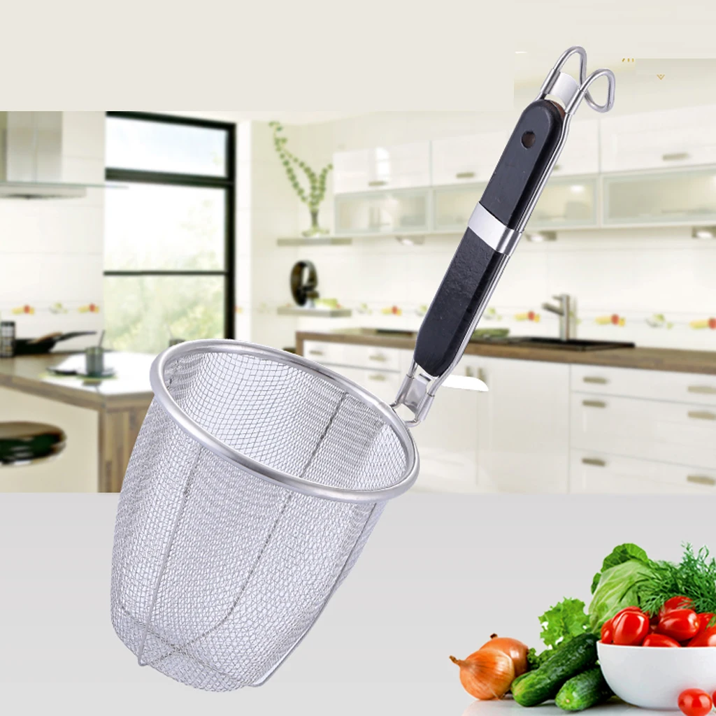 Colander Ladle Pasta Soup Hot Pot Stainless Steel BBQ Grill Cooking Tool for Frying Food, Spaghetti, Noodle Fat Oil Grease