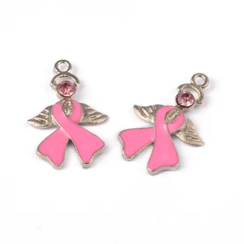 

1 Box 20pcs Breast Cancer Pink Awareness Ribbon with Angel Wing Enamel Pendants
