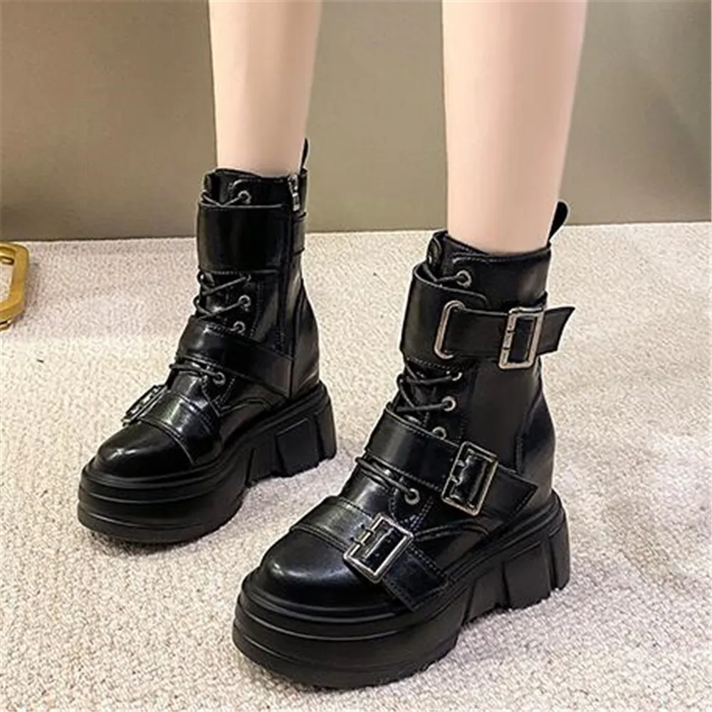 

New Thick Heel Ankle Boots Side Zip Chunky Sneakers Women High Heels Autumn Winter Female Wedges Shoes Buckle Platform Punk Boot