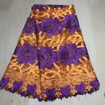 

2019 Newest Fashion Swiss voile material African Lace Fabric Orange+royal purple Nigerian stones Lace Fabrics For Women Dress
