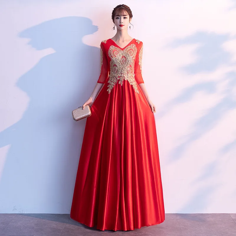 Атласное кружевное лоскутное женское китайское современное платье Qipao с вышивкой Чонсам с цветами халат De Soiree Новинка вечернее платье