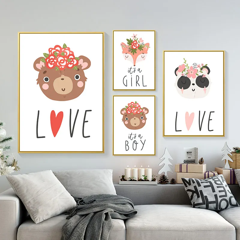 Girl Love Boy Alphabet Animal Poster Panda Fox Big Bear Canvas Painting Kindergarten Mural Nordic Picture Kids Room Decoration | Дом и сад