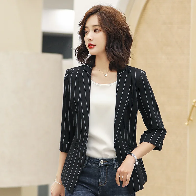 

White Stripes Small Suit WOMEN'S Coat 2019 New Style Korean-style Graceful Wear Half-sleeve Shirt Suit Formal Wear Spring And Au