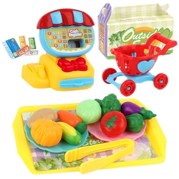 

22 PCS Mini Supermarket Cashier Toy Set Dessert Fruit Shopping Cart Toys