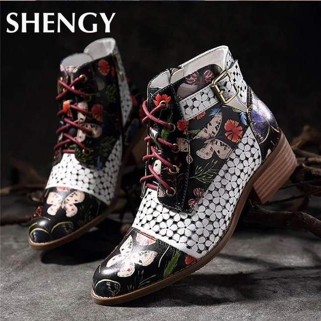 

2019 Women's Ankle Boots Autumn Flower Pattern Lace Up British Style Short Boot Pointed Toe Leather Low Heel Leather Shoes