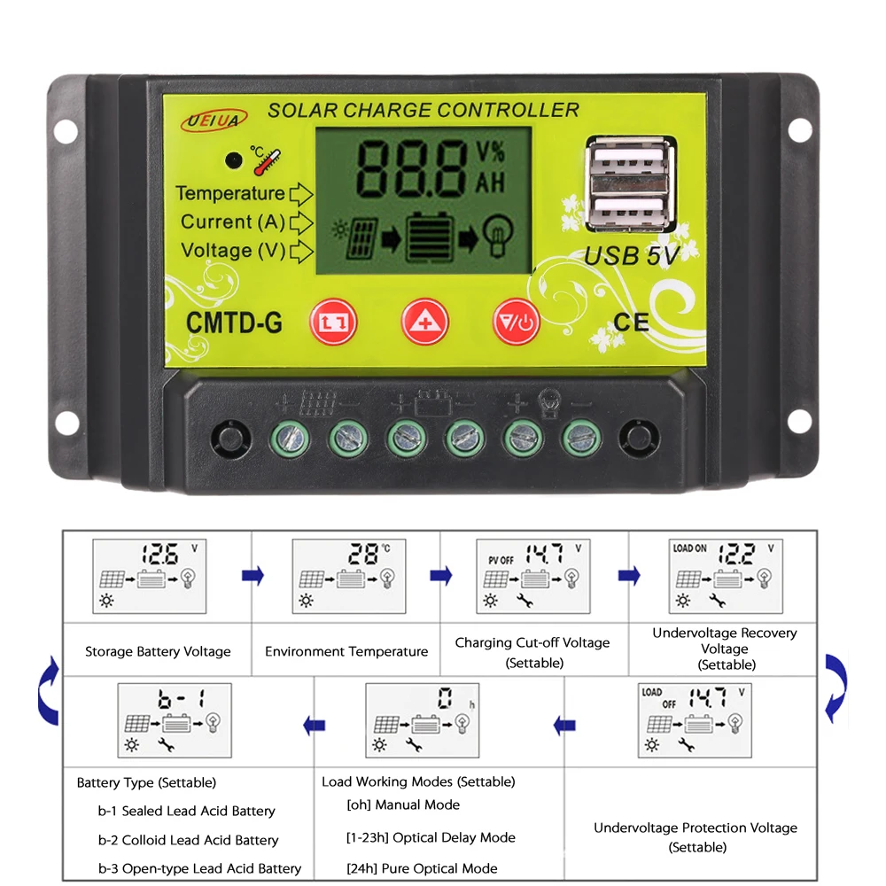 

Hot 10A 12V/24V Multi-functional PWM Solar Charge Controller LCD Display Auto Regulator Solar Panel Battery Lamp Overload Protec