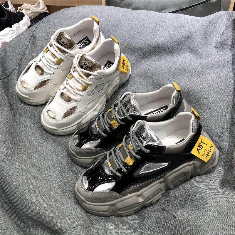 

CINESSD Genuine Leather Casual Shoes Woman Chunky Sneakers Women Shallow Spring 2020 New Wedge Sneakers For Women Thick Bottom