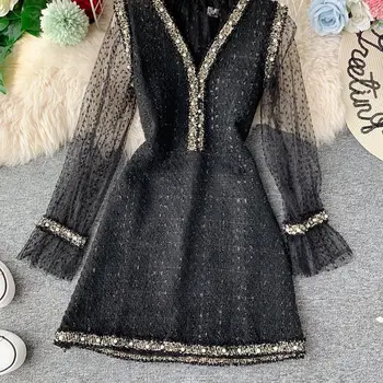 

2020 New Hot-Selling Fashion Popular Temperament Ladies V-Neck Long-Sleeved Lace Dress Slim Slimming Elegant