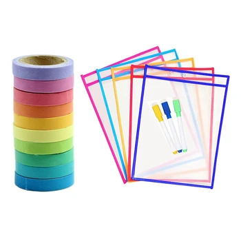 

10 Pcs Colorful Rainbow Sticky Paper Masking Adhesive Tape 5M X 0.7cm & 10 Pcs Transparent Pvc Dry Storage Pockets