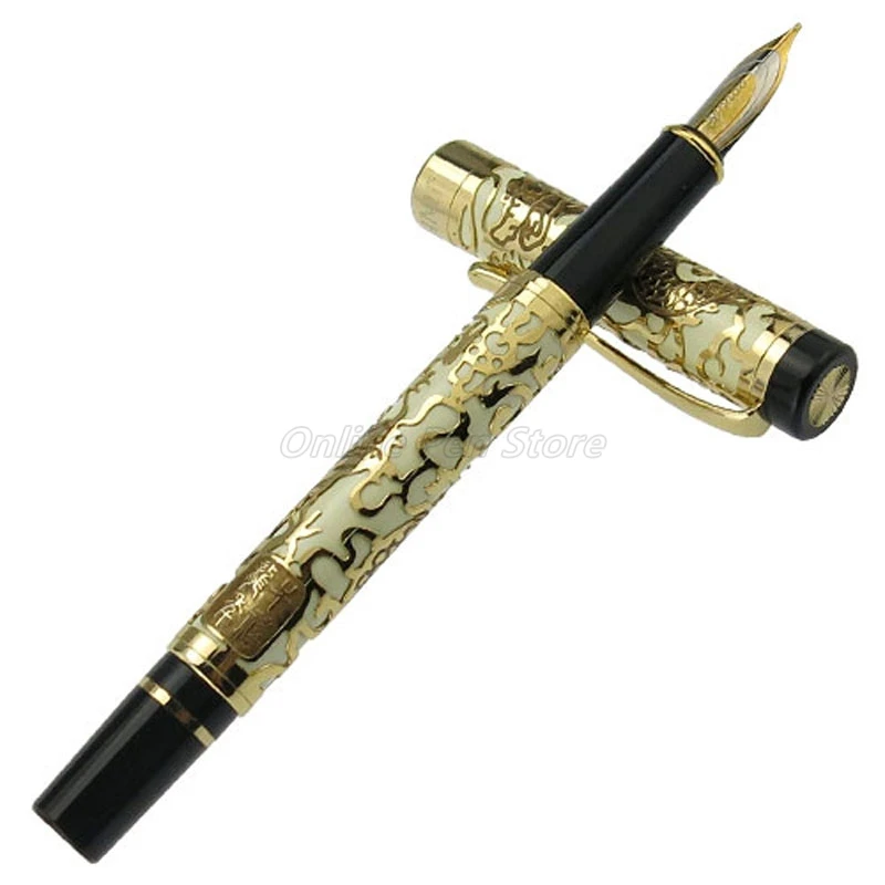 Jinhao-5000 메탈 드래곤 텍스처 조각 화이트 배럴 고급 펜촉 만년필, 사무실 학교 필기구 선물 펜 액세서리