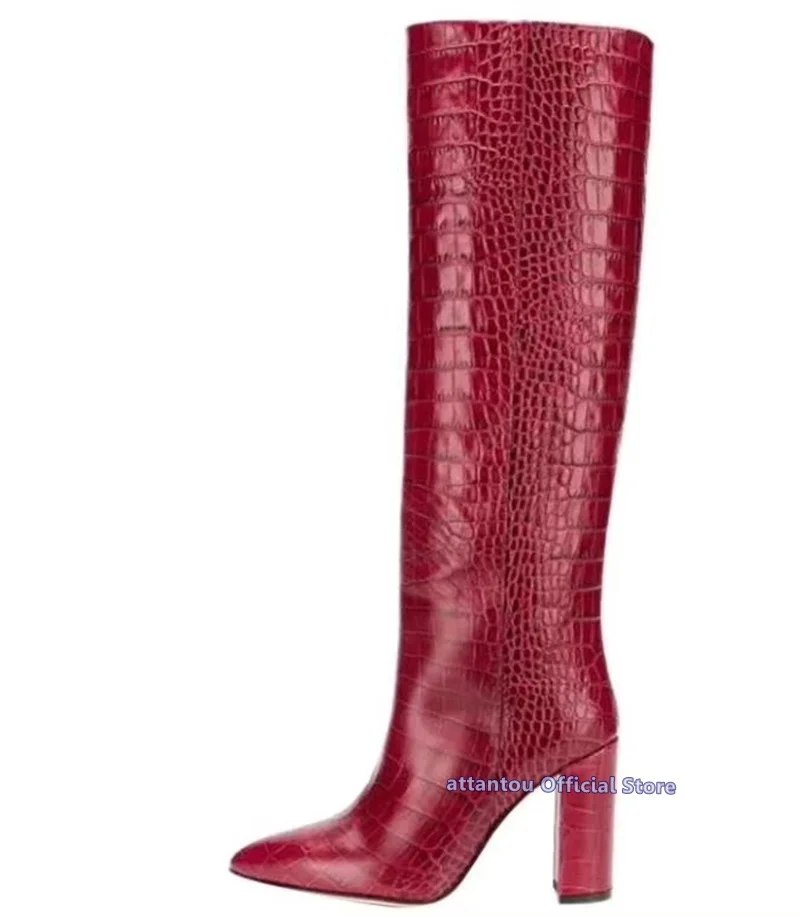 

Red Purple Green CROCO Pattern Block High Heeled Knee High Boots Woman Solid Color Pointed Toe Winter Shoes Long Slouch Bota