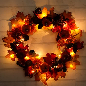 

Christmas Fall Pumpkin LED Light Wreath Plant Autumn Maple Leaf Garland Floral Arrangement Home Halloween Festival Hanging Decor