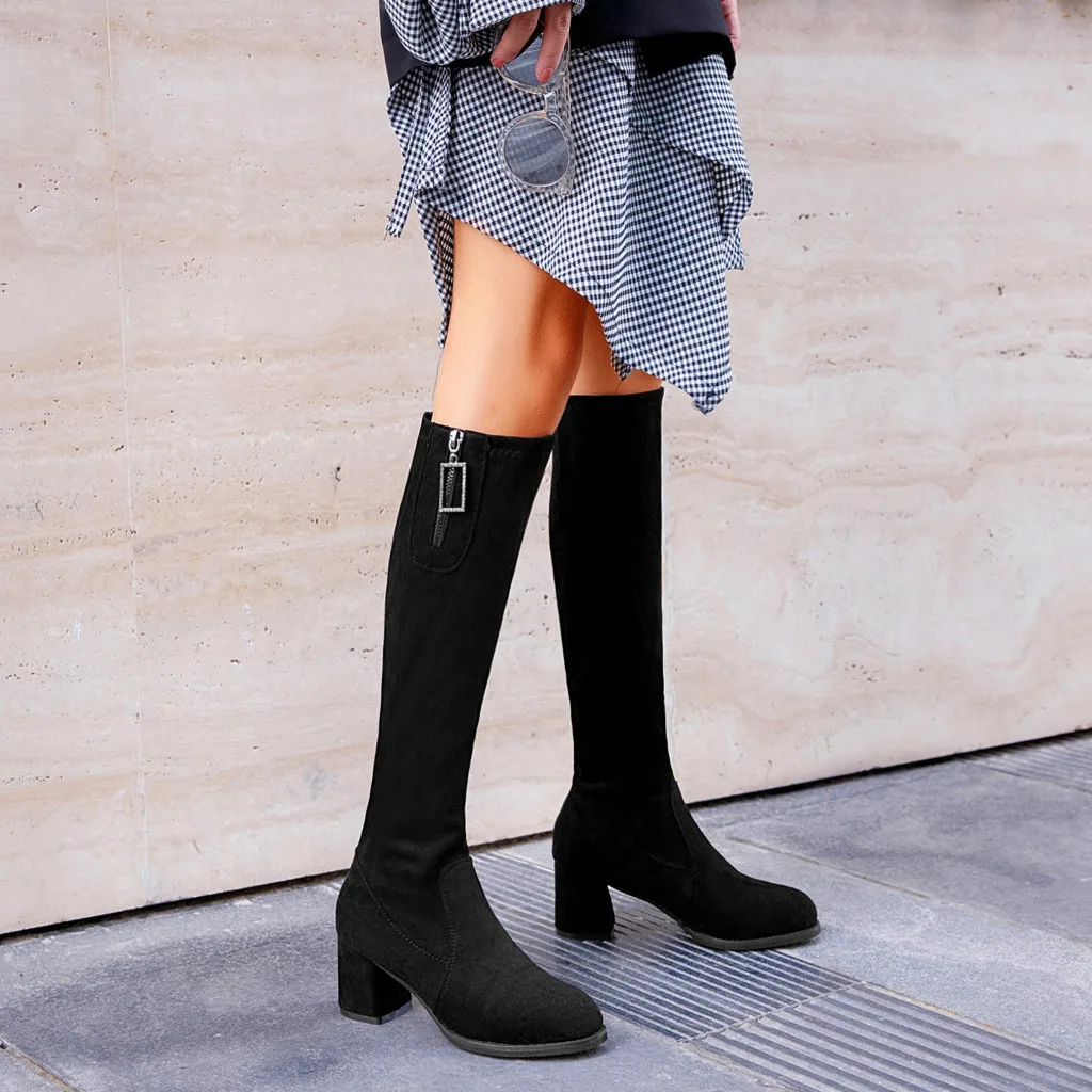 Сапоги до колена на тонких ножках; женские классические пикантные сапоги из флока на квадратном каблуке с молнией; женская обувь; botas de mujer;# A1