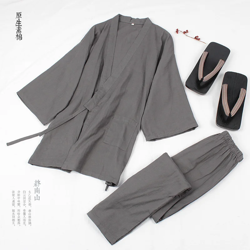 mens short pjs Japanese Traditional Tether Style Cotton Linen Pajamas Men's Sleep & Lounge Kimono Yukata Bathrobe Monk Sweat Steam Obi Outfits men's cotton pyjamas