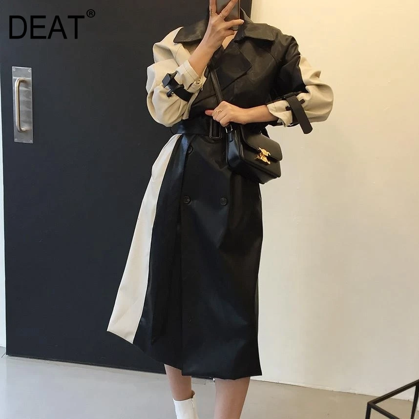 DEAT New Autumn And Winter Turn-down Collar Full Sleeves PU Leather Contrast Colors Long Length Windbreaker 19F-a155