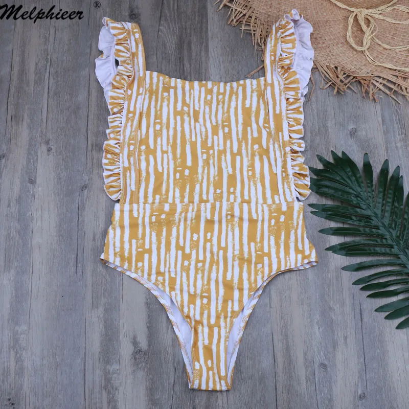 

Melphieer Sport Fashion Ruffle Shoulder Backless Swimwear Bandage One Piece Swimsuit Women Summer Monokinis Beachwear Swimsuit