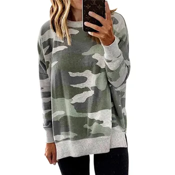 

Camouflage Casual T-shirt Women Autumn Winter Basic Top Hem Irregular Long Sleeve Round Neck Tops Street Clothes