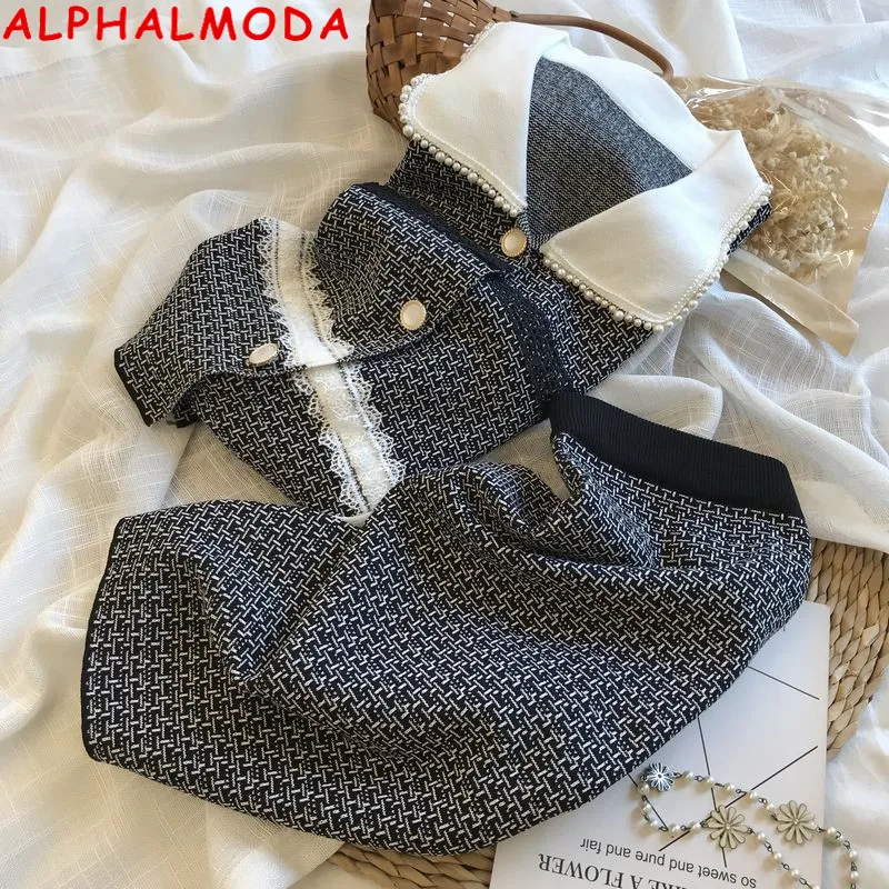 Женский вязаный кардиган и юбка ALPHALMODA с жемчужным воротником кружевной отделкой