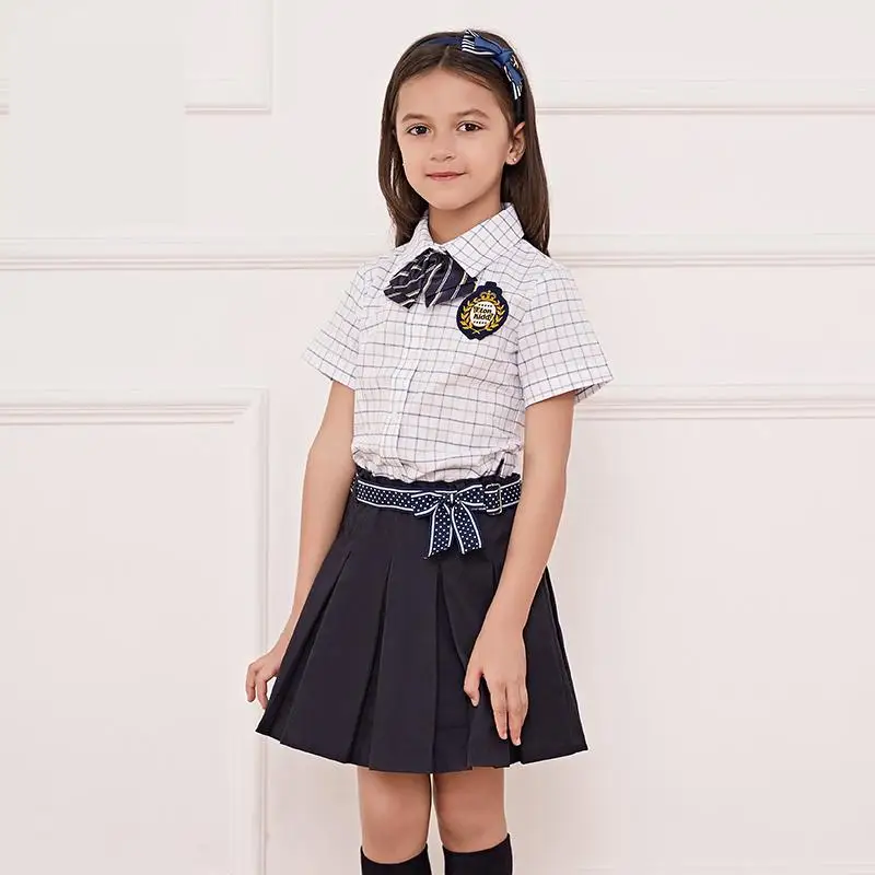 

formal Girls And Boys Short Sleeve Turnover Collar Student Children's Wear Solid Cotton British Summer College Plaid Uniform