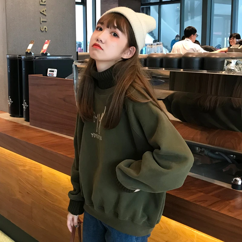 Ins fashion letters plus velvet thick sweatshirt women winter new Harajuku high collar loose hooded casual female sweatshirt