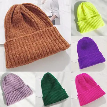 

New European Women's Knitted Cap Winter Warming Pure-color Coarse Wool Cap Warming Girl's Fashion Cap Knitted couple hat
