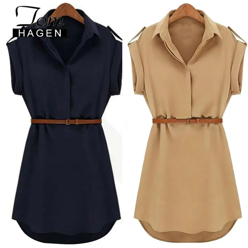 Women Casual Summer Shirt Dress 2022 Loose Short Sleeve With Belt Turn Down Collar Autumn Vestidos #20 | Женская одежда