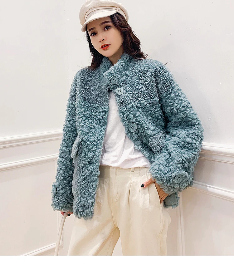 Sheep Sheared Jackets Winter Women Female Real Lamb Fur Single Breasted Coat New Calorie Roll Stand Collar Streetwear