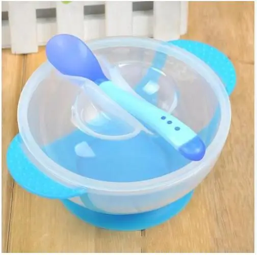 Детская посуда для кормления, детская силиконовая миска для детей ясельного возраста, детская крышка для кормления, обучающая глубокая тарелка с ложкой, обучающая посуда - Цвет: Blue Set