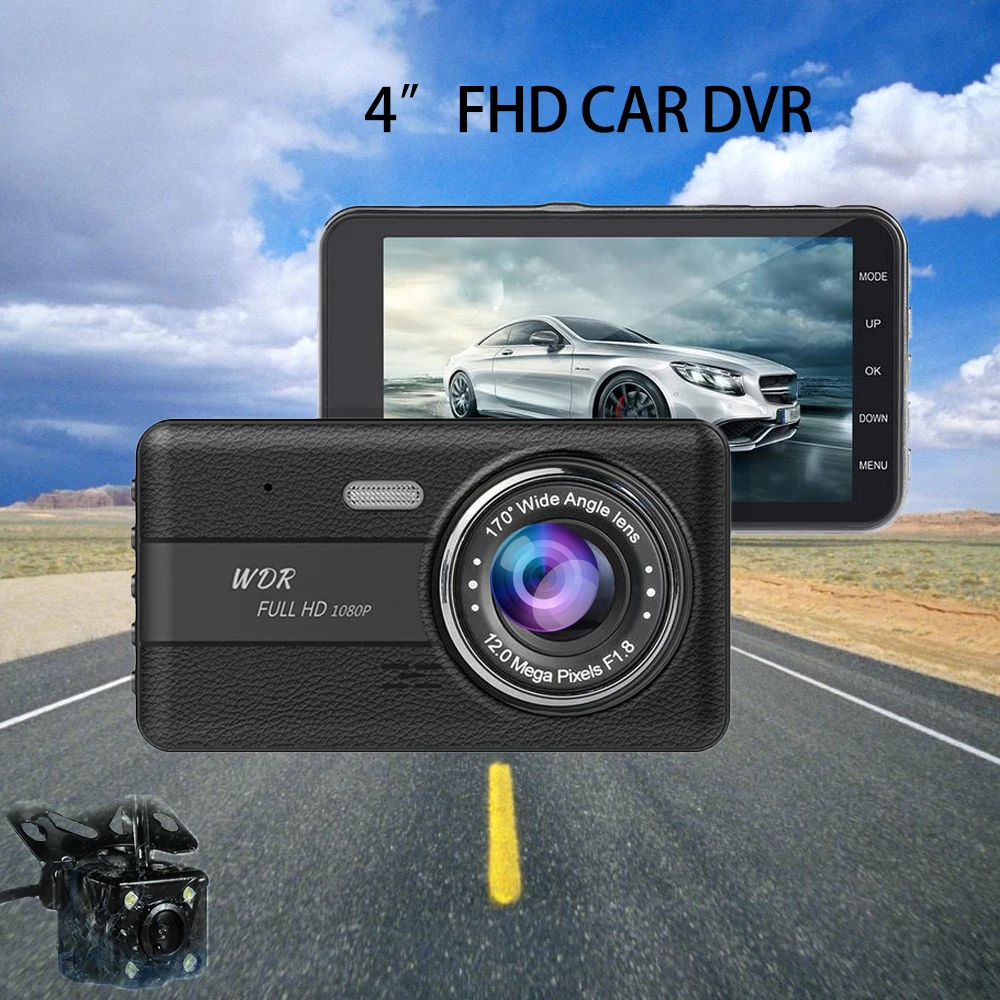 4 дюйма Автомобильный Камера Двойной объектив Dash Cam 1080P воспринимающий силу тяжести, режимом ночной съемки, g-сенсором и Видеорегистраторы для автомобилей Видео Регистраторы с заднего вида Камера тире Камера