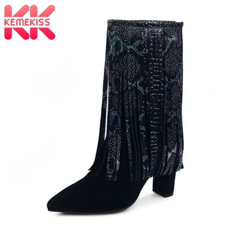 

KemeKiss Women Real Leather Snakeskin Pattern Mid Calf Boots Tassel Pointed Toe High Heel Winter Boots Footwear Size 34-39