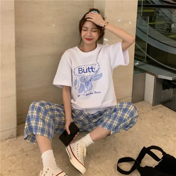 plus size pant suits Women Sets Short Sleeve Printed Simple T-Shirts Plaid Straight Elastic Waist Pants Casual Loose Chic Korean Style Plus Size 2XL womens pant suit set