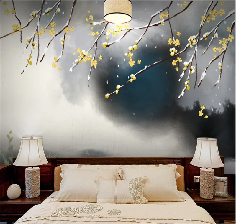 Xuesu New Chinese Ink Plum Blossom Background Wall Retro Winter Plum Ink Decorative Painting Customized Wallpaper 3D/5D/8D