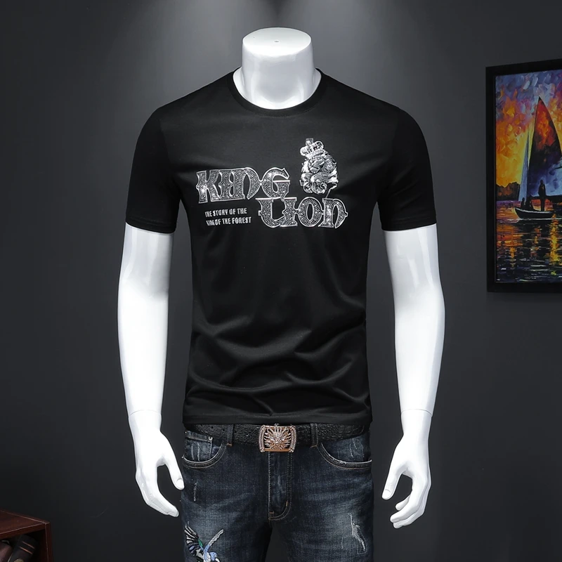 

2020 Summer Short-sleeved T Shirt Men Tide Brand Slim Round Neck Hot Rhinestone Casual T-shirt Streetwear Tee Tops Men Clothes