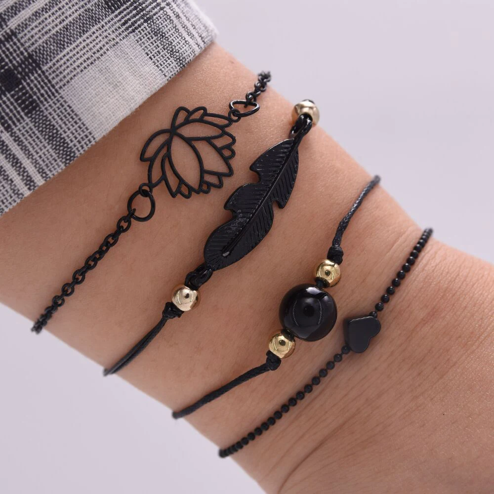 Fashion Bracelet 4PCs Gothic Black Feather Lotus Bracelets Set Heart Charm Boho Bangles For Women Wrist Chain For Fashion Bracelet Fashion Jewelry