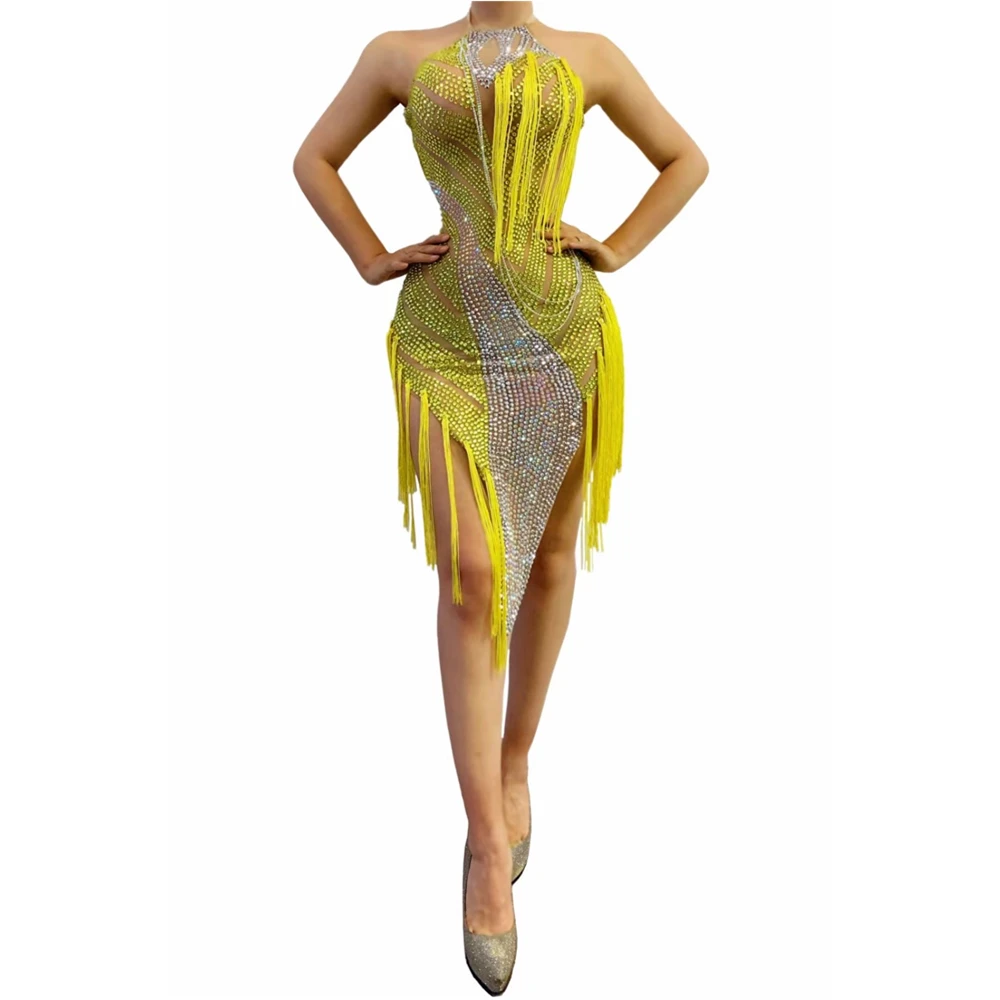 

Yellow Crystal Rhinestone Tassel Dress Latin Dance Halter Dress Women Party Prom Singer Dress Nightclub Stage Show Costume