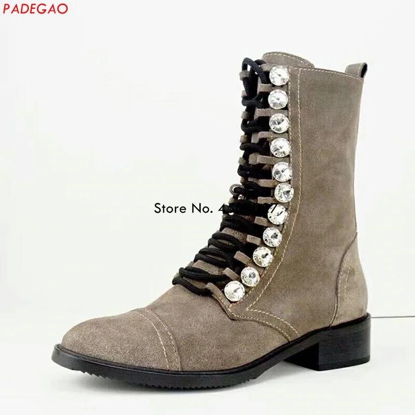 Autumn Ankle Boots For Women Crystal Lace up Boots Chunky Heels Women Booties Zipper Round Toe Boots Shoes Female Botas Mujer