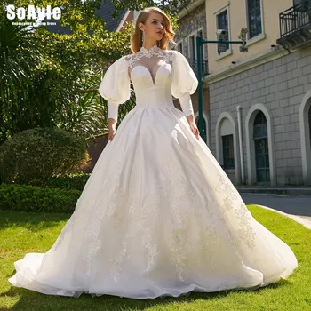 شراءSoAyle # C003 اثنين في واحد نفخة الأكمام ثوب زفاف الدانتيل يزين الكرة ثوب الزفاف بالإضافة إلى حجم Vestido De Novia