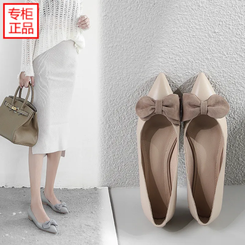 

2019 Spring New Style Korean-style WOMEN'S Genuine Leather Shoes Pointed-Toe Versatile Shallow Mouth Bow Chunky-Heel Flat Foot C