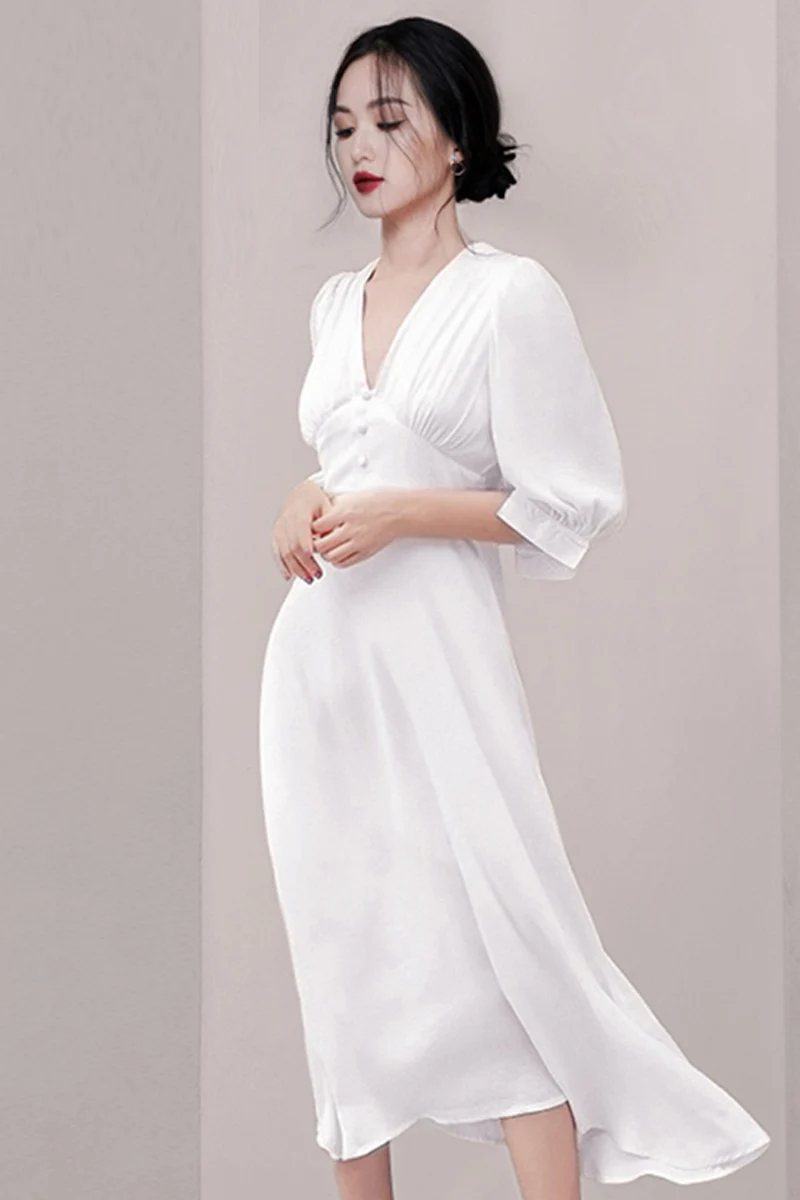 Women Autumn Summer Soild White Puff Sleeve V-neck Button Embellished High Waist Mid-calf Chiffon Dress Elegant Party Vestidos