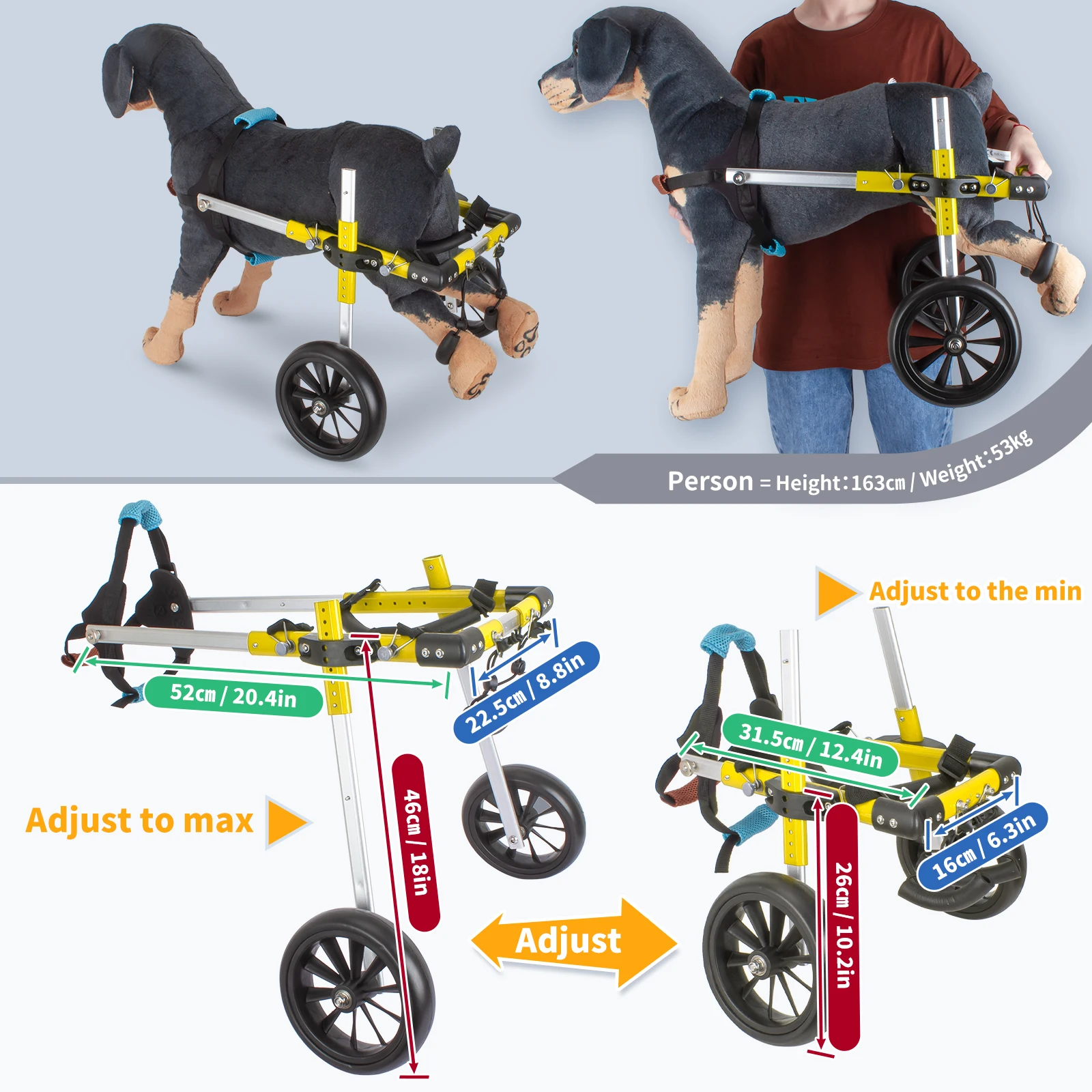 Red/yellow Stainless Steel Cart Pet Dog Wheelchair For Disabled