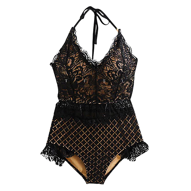 

One Piece Swimsuit Women Floral Lace Halter Top Hollow-out Beach Bikini Push Up Swimwear Swimming Suit Bathing Suit Women