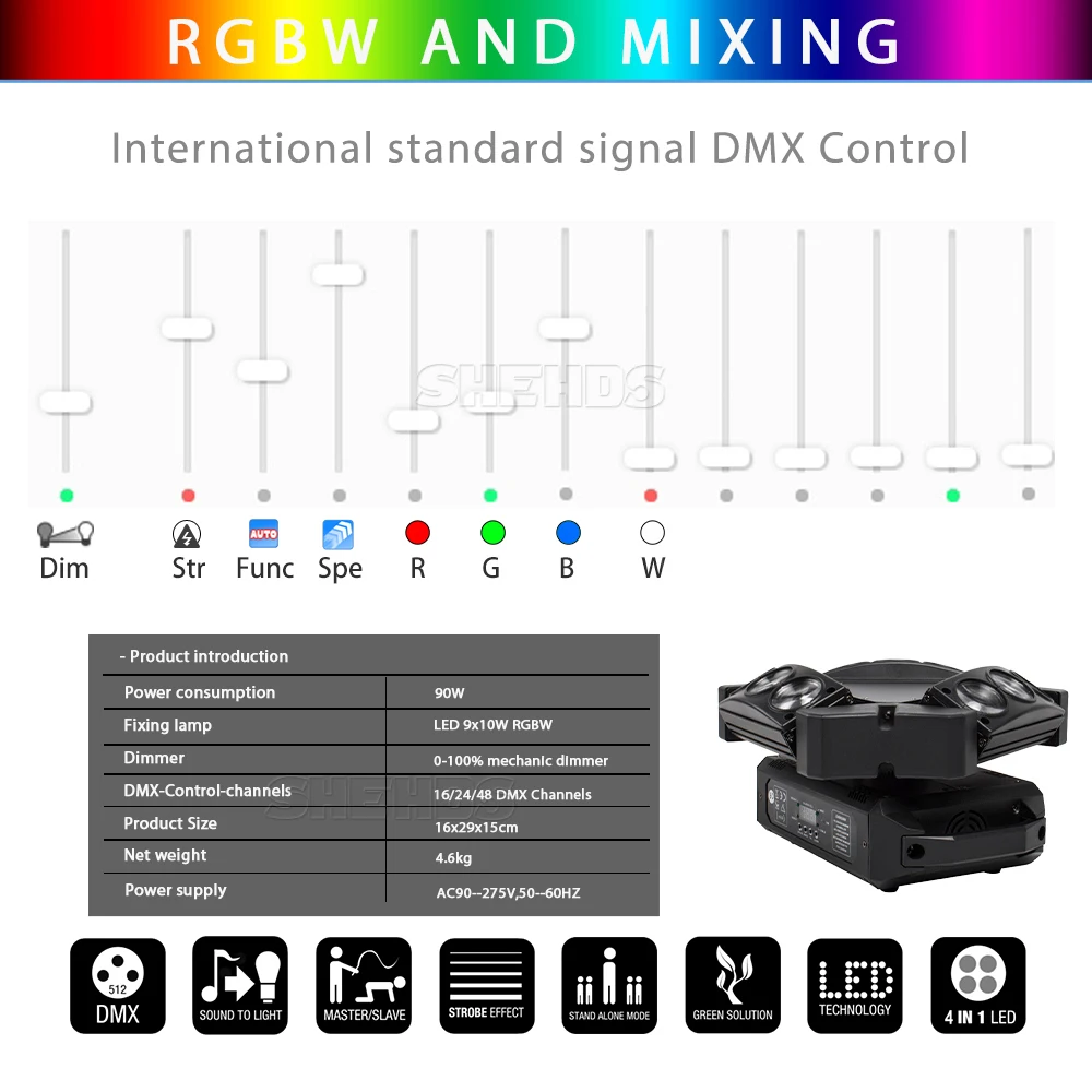 Günstig Neue Ankunft MINI LED 9x10W FÜHRTE Spinne Licht RGBW 16 48CH DMX Bühne Lichter Dj LED spinne Moving Head Strahl Licht