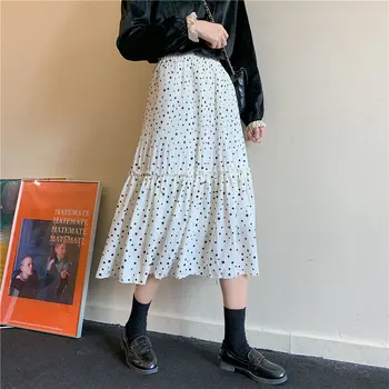 

Fresh Print Floral Polka Dots Chiffon Feminine Elastic-Waist Streetwear Women Pleated Ruffles A-Line Cake Skirts